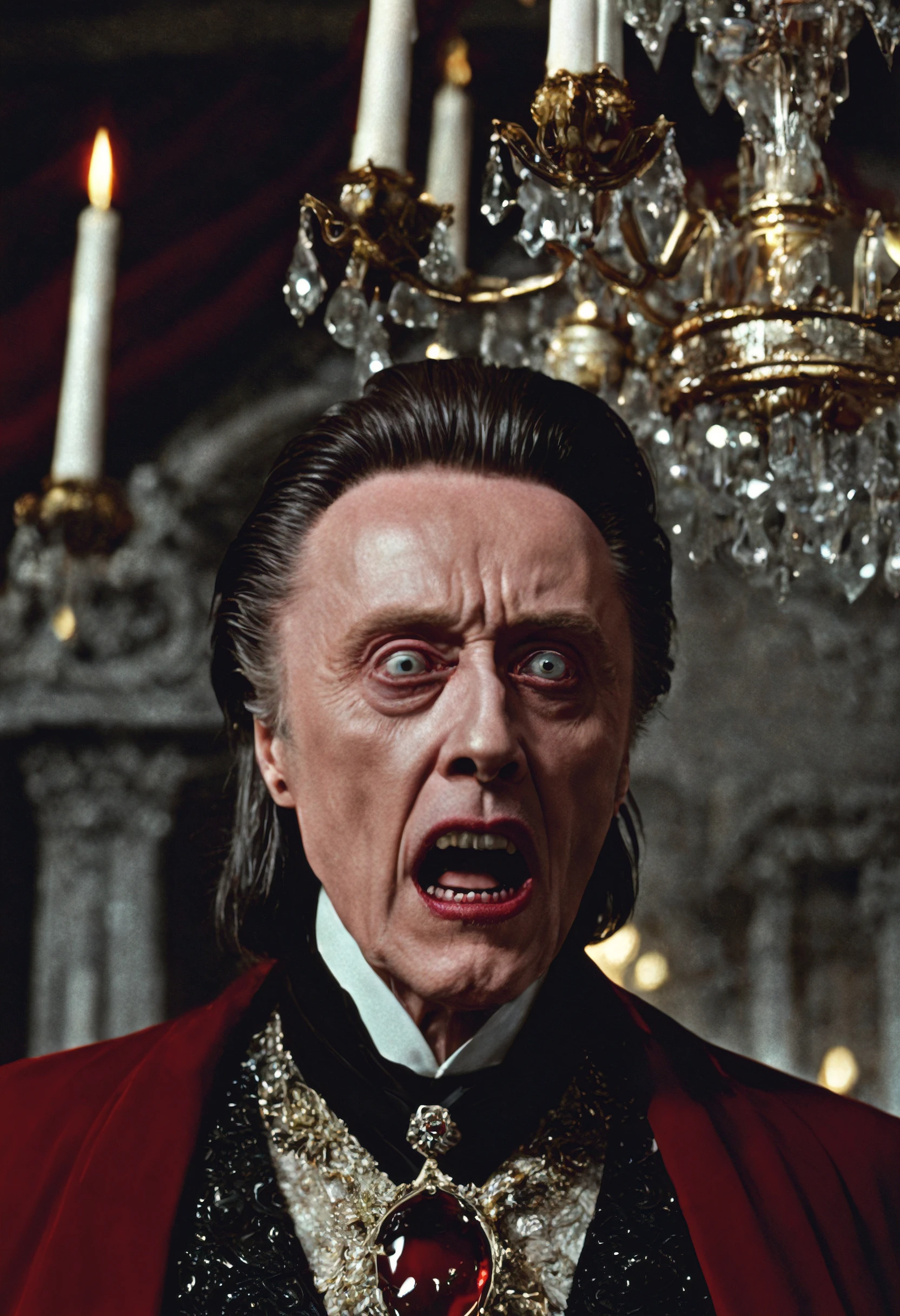 closeup cinematic still of (Christopher Walken) as dracula, open mouth fangs bared, (1800s) inside creepy mansion, red, chandelier, standing glaring, perfect eyes, detailed face, foreboding, menacing, (bram stokers dracula movie), analog, high saturation