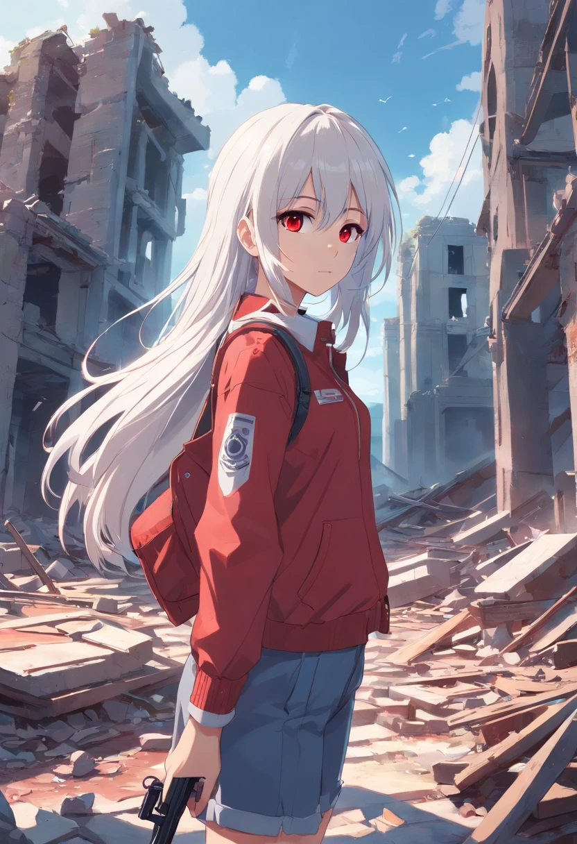 (masterpiece:1.2), best quality , PIXIV, 13 years girl,long white hair , red eyes ,Have a gun in her hand ,She stands in the ruins
