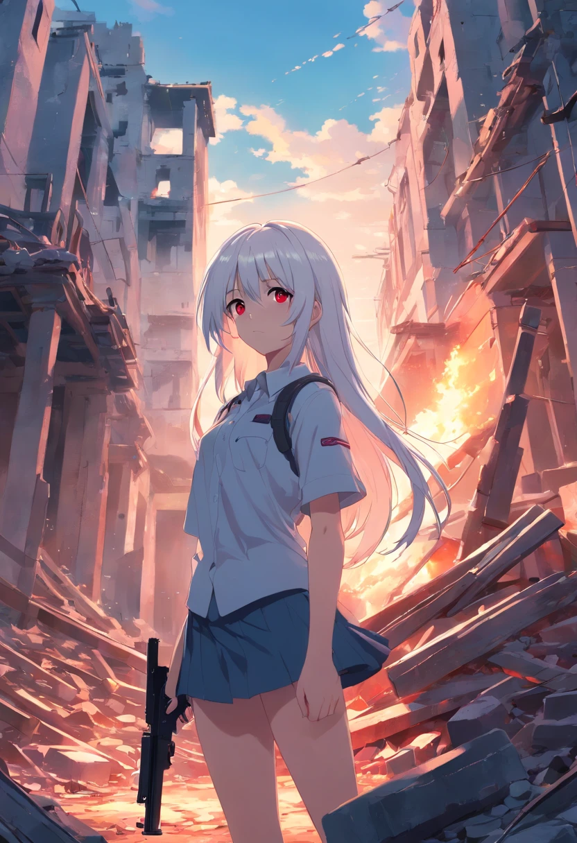 (masterpiece:1.2), best quality , PIXIV, girl,long white hair , red eyes ,Have a gun in her hand ,She stands in the ruins