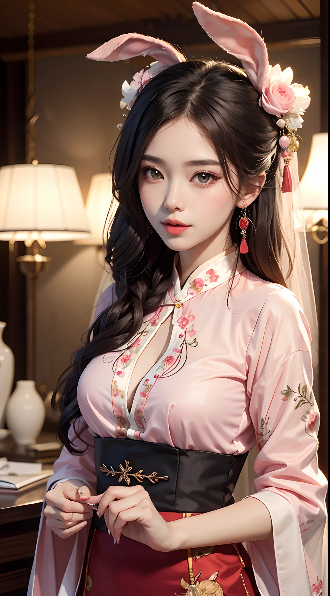 A stunning girl in a traditional hanfu costume, adorned with a thin red silk shirt featuring intricate yellow motifs. Her black lace top adds a touch of elegance to her outfit, while her light pink rabbit ears add a playful element. Her long hair is dyed a pale purple platinum, and is adorned with beautiful hair jewelry. Her pretty face is accentuated by her perfect features, and her earring jewelry adds a final touch of beauty.