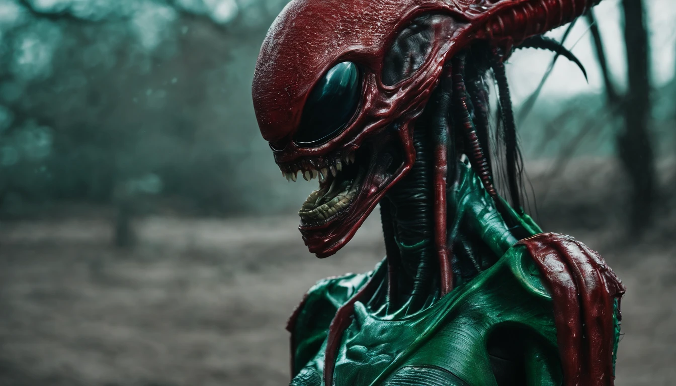 Zombie xenomorph sexy female warrior, character, wet plate collodion, sharp, high detail, Mathew Brady, portrait, red an green skin, devil structure, RTX technology, 4k resolution