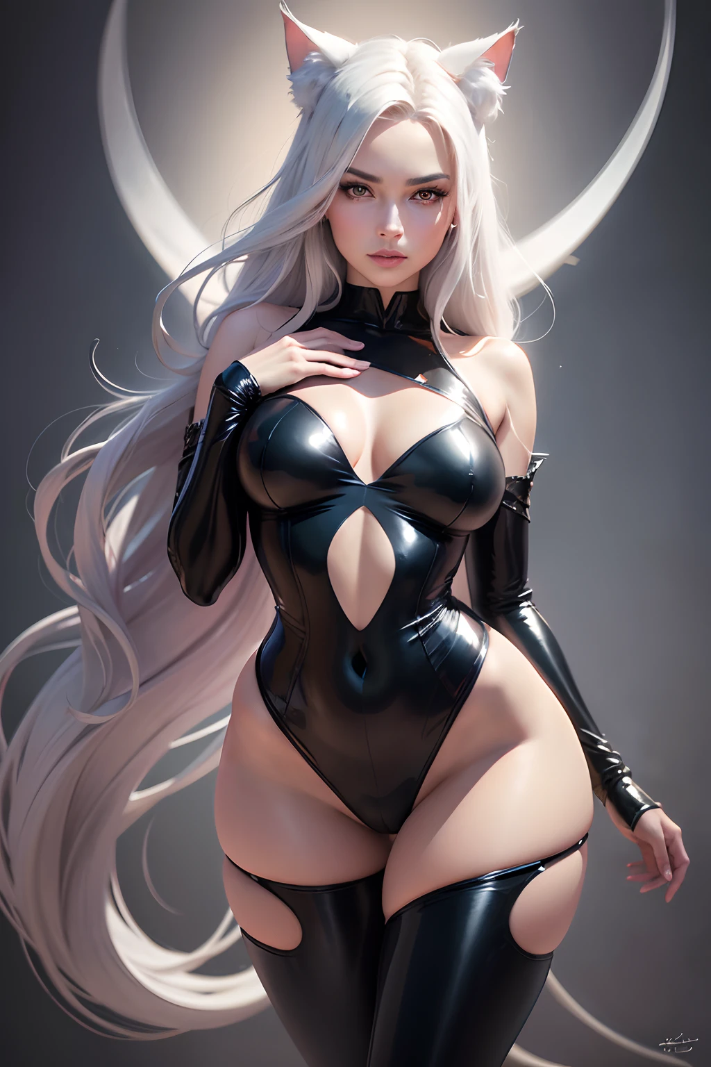 (best quality,4k,highres,masterpiece:1.2),ultra-detailed,realistic, portraits, intense lighting, vibrant colors, latex texture, seductive gaze, confident posture, dark background, high fashion, elegant, long flowing white hair, glossy lips, curvaceous figure, mysterious atmosphere, exotic beauty, mesmerizing eyes, intricate patterns, alluring charm, subtle smile, captivating presence, graceful movement, alluring neko ears, sleek and shiny catsuit, playful tail, alluring pose, powerful aura.