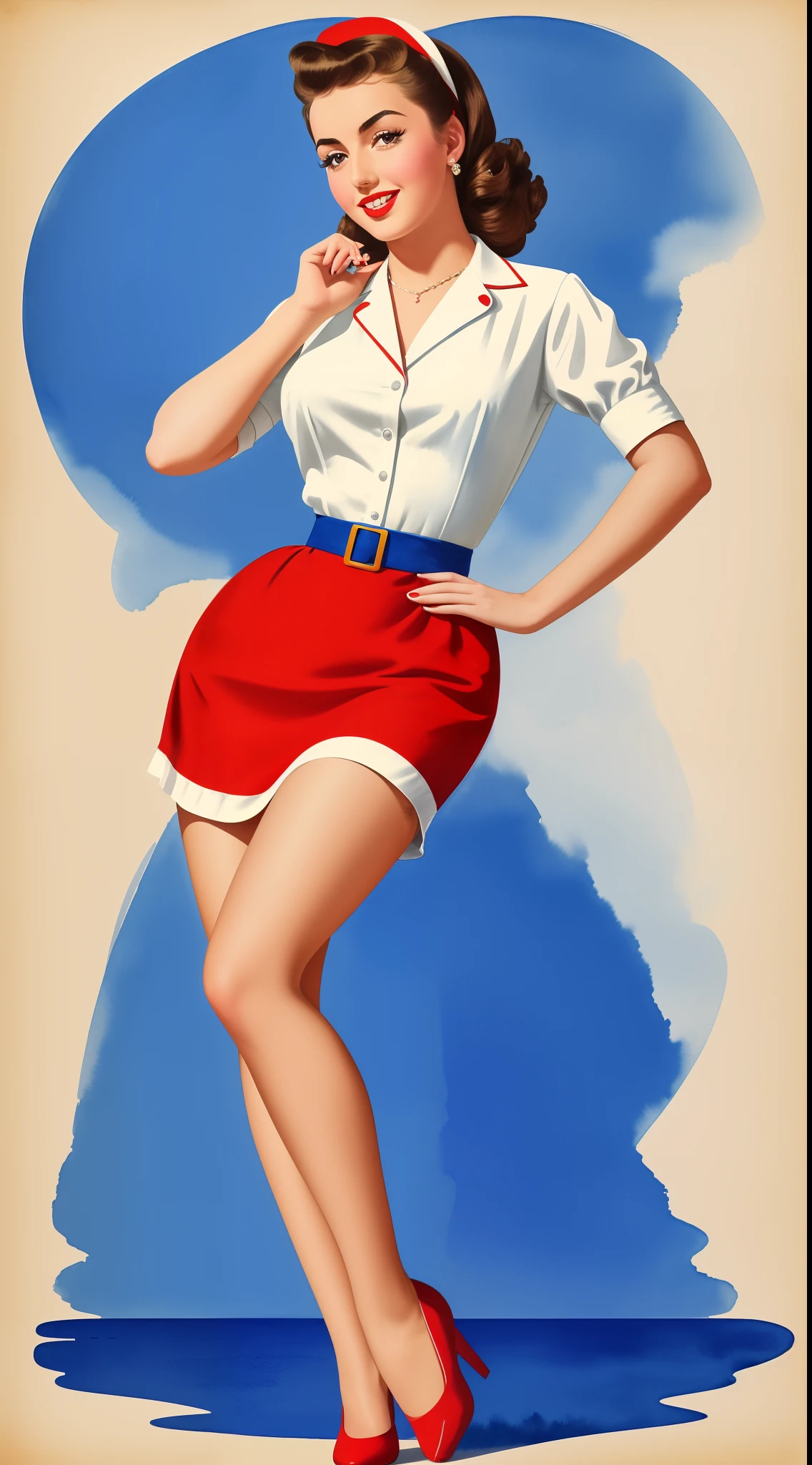 1950s Watercolor, Pen and Ink, 25 yo Ana de Armas in retro fashion, pin-up style, full body shot, depiction of rural life, light gray and light brown and red and white and blue, in the style of classical Americana, mottled, playful innocence, dotted, cutout from white background, in the style of Andrew Loomis, masterpiece art work,