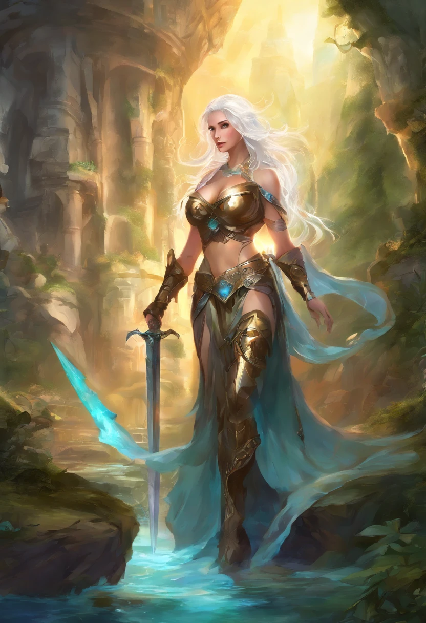 Illustration of ((very busty gigantic breasts)) scantly clad female knight, long flowing white hair, mature woman, milf, wearing black leather body straps harness tightening up. Micro thong masterpiece sketch ancient ruins moss shallow water looking at viewer teasing you with her breasts, anime style.