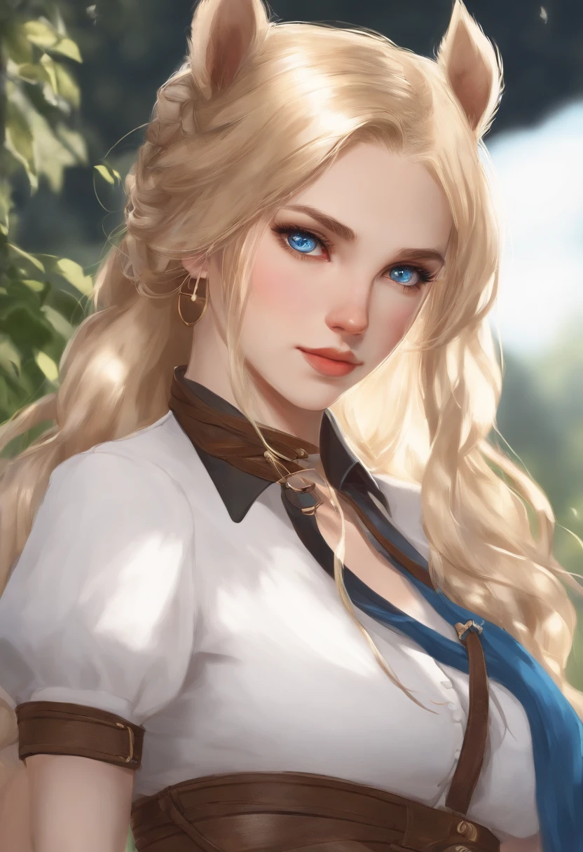1girl, blonde hair, pointy ears, blue eyes, clothes lift, solo, hair ornament, hairclip, long hair, shirt lift, braid, looking at viewer, lips, lifted by self, horse, upper body, navel, day,white shirt,
