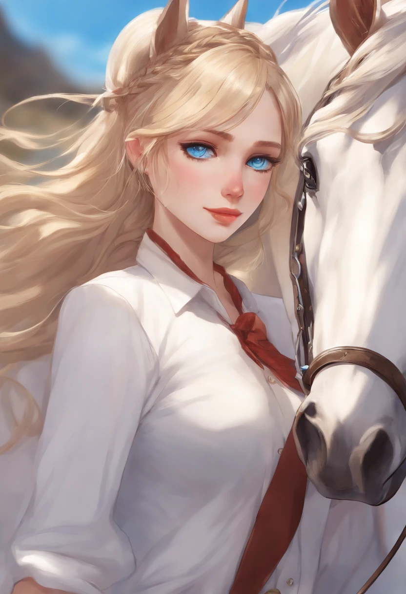 1girl, blonde hair, pointy ears, blue eyes, clothes lift, solo, hair ornament, hairclip, long hair, shirt lift, braid, looking at viewer, lips, lifted by self, horse, upper body, navel, day,white shirt,