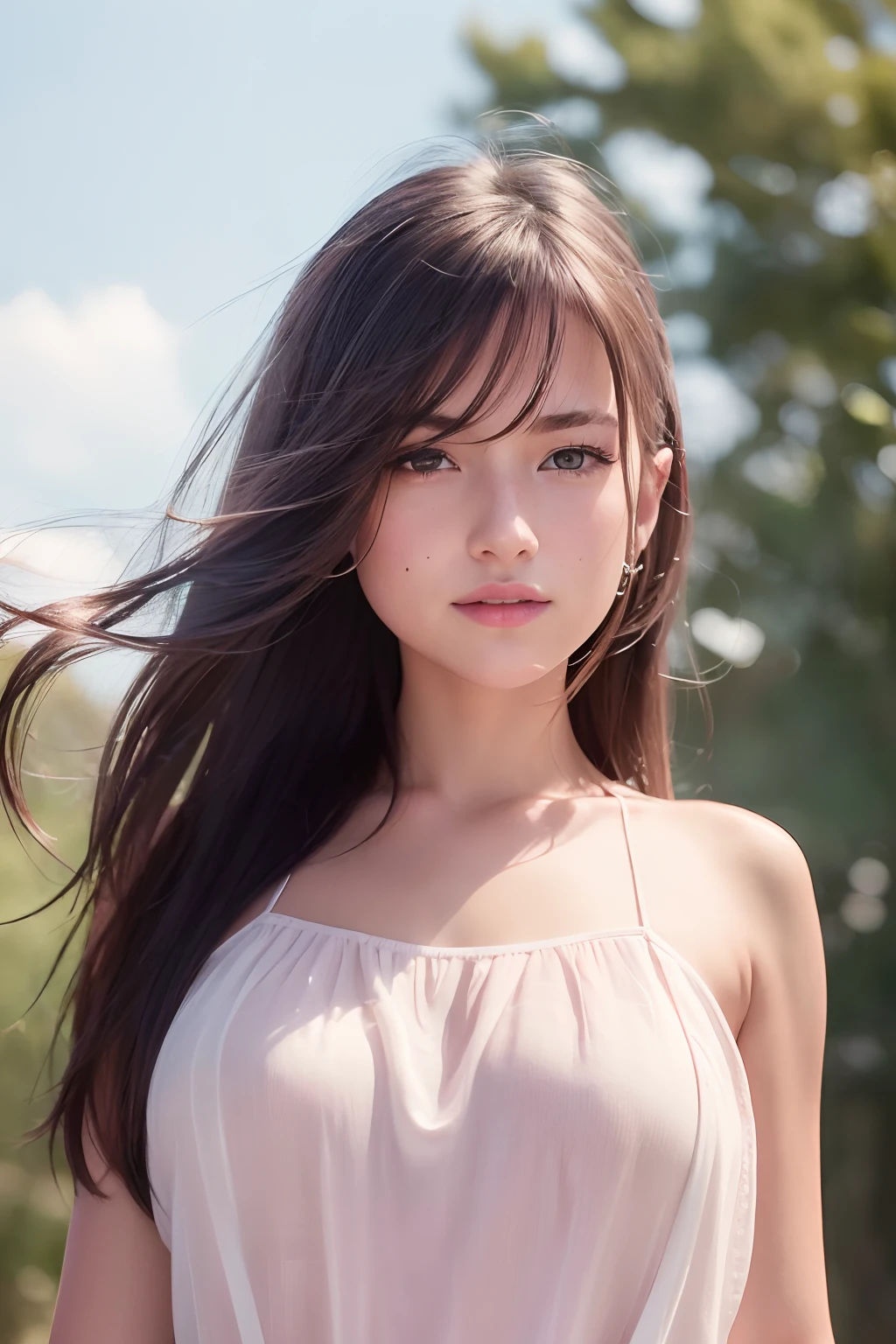 (8k, Best Quality, Masterpiece:1.2), (Realistic, Photorealistic:1.37), Ultra Detail, 1 Girl,Cute,Solo,Beautiful Detailed Sky,Date,(Blush),(Smile:1.15),(Closed Mouth)Small Breasts,Beautiful Detailed Eyes,(Long Hair: 1.2),Floating Hair NovaFrogStyle, Upper Body, Tank Top