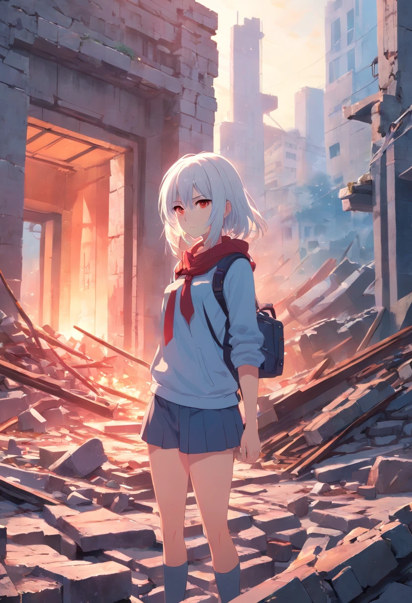 (masterpiece:1.2), best quality , PIXIV, girl,long white hair , red eyes ,Have a gun in her hand ,She stands in the ruins