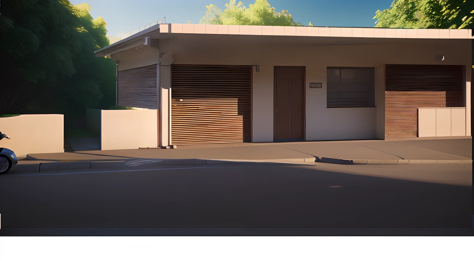 There is a small building with a motorcycle parked in front, renderizado no lumion pro, semi-realistic rendering, fotorrealista 35mm, realista estabelecendo tiro, realistic afternoon lighting, renderizado em lumion, estilo fotorrealista, pintado em anime painter studio, Arruamento fotorrealista, realista estilo 3d, Estilo anime 3D realista
