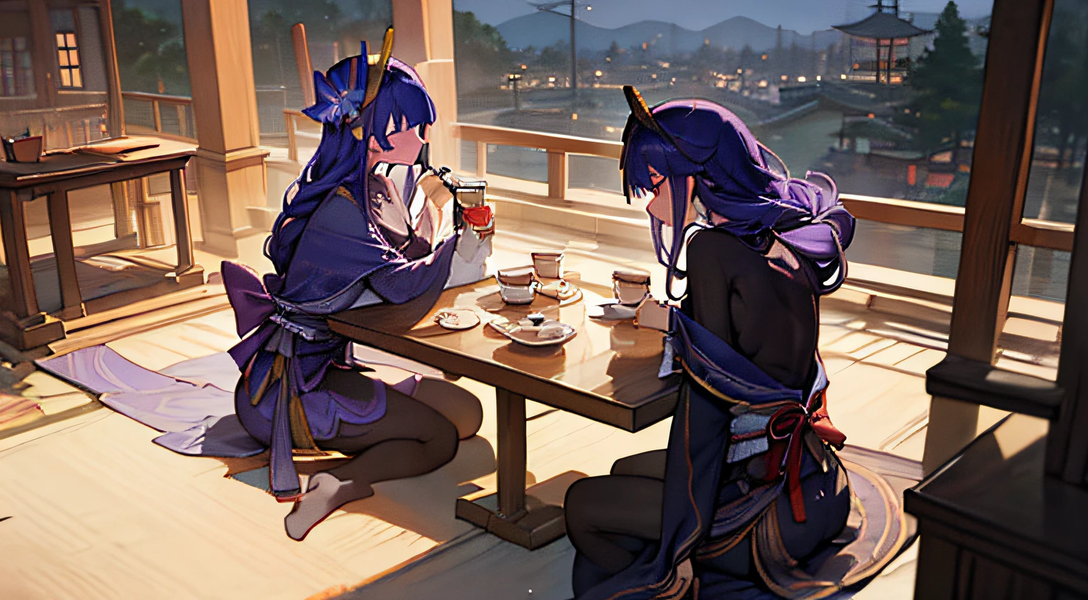 (masterpiece), (highest quality), (illustration), (super detailed), (high resolution), two girls, two Raiden Shoguns, full body, sitting, drinking tea.