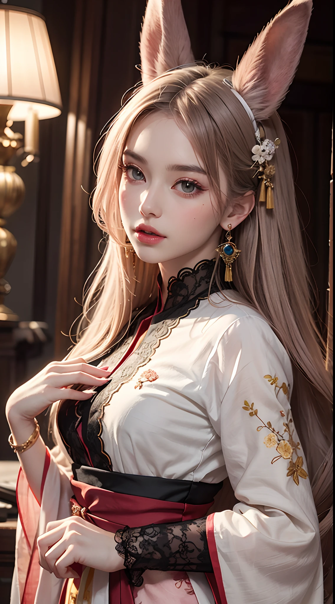 Imagine a beautiful girl in a hanfu costume, her thin red silk shirt adorned with delicate yellow motifs. Her black lace top adds a touch of sophistication, while her light pink rabbit ears add a whimsical touch. Her long hair is dyed a stunning pale purple platinum, and is adorned with intricate hair jewelry. Her pretty face is enhanced by her cute features, and her earring jewelry adds a final touch of elegance.