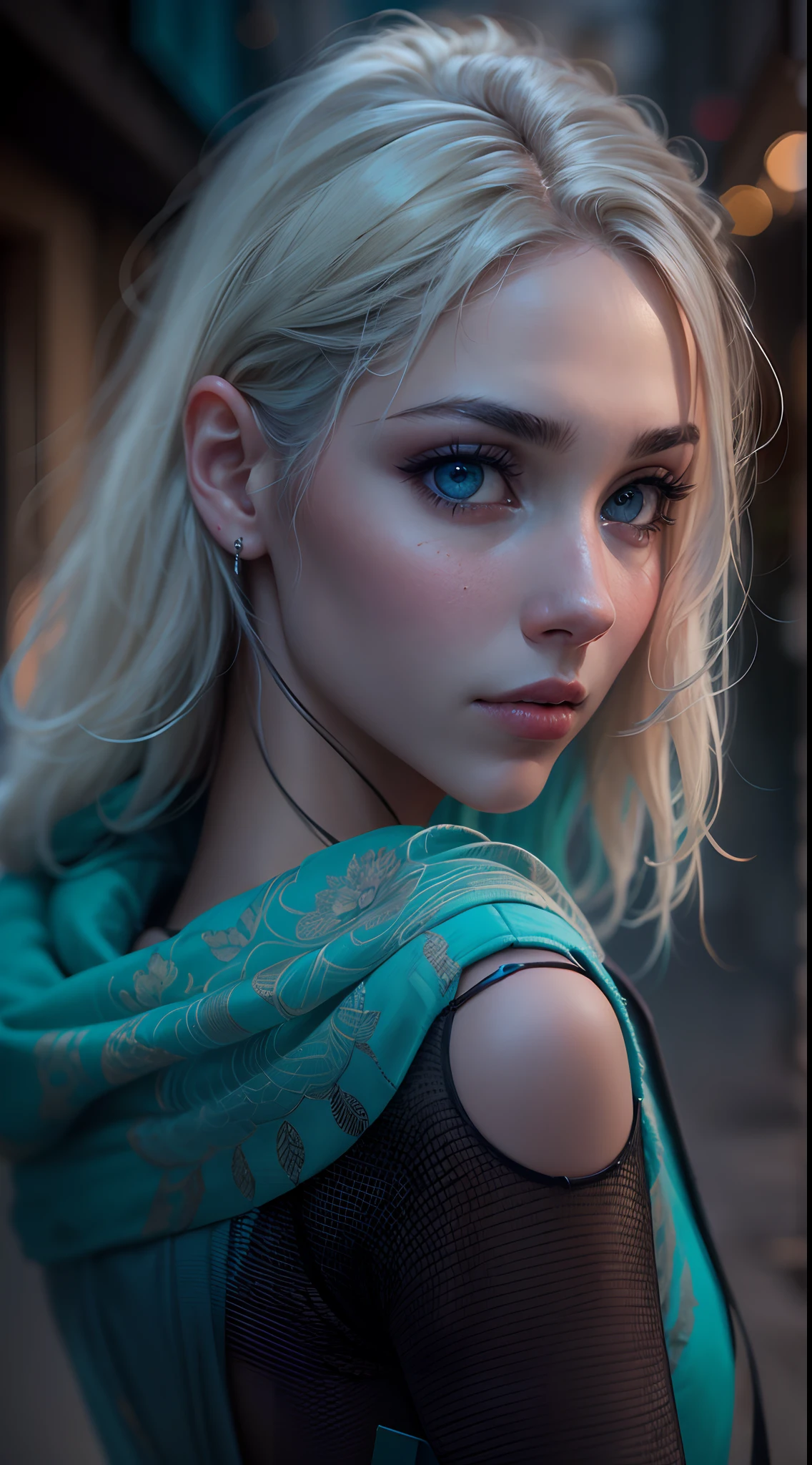 uhd RAW portrait photo of a 20-year-old blonde (Mujer de ojos azules) walking down a dark alleyway, senos grandes,, Ciudad de noche, (falda), (escote), Detalles (Texturas! , cabello! , brillar, Color!! , Desventajas: 1.1), ojos brillantes con alto detalle (Looking at the camera), SLR lighting, SLR camera, Ultra calidad, agudeza, Profundidad de campo, Film grain (centro), Fujifilm XT3, Cristalina, Centro del marco, Cara hermosa, foco nítido, farola, Neon lighting, Bokeh (Poca luz), Noche, (cielo nocturno), poros detallados de la piel, piel grasa, quemadura, Detalles oculares complejos, cuerpo completo, cabello rubio claro, flequillo contundente, senos grandes
