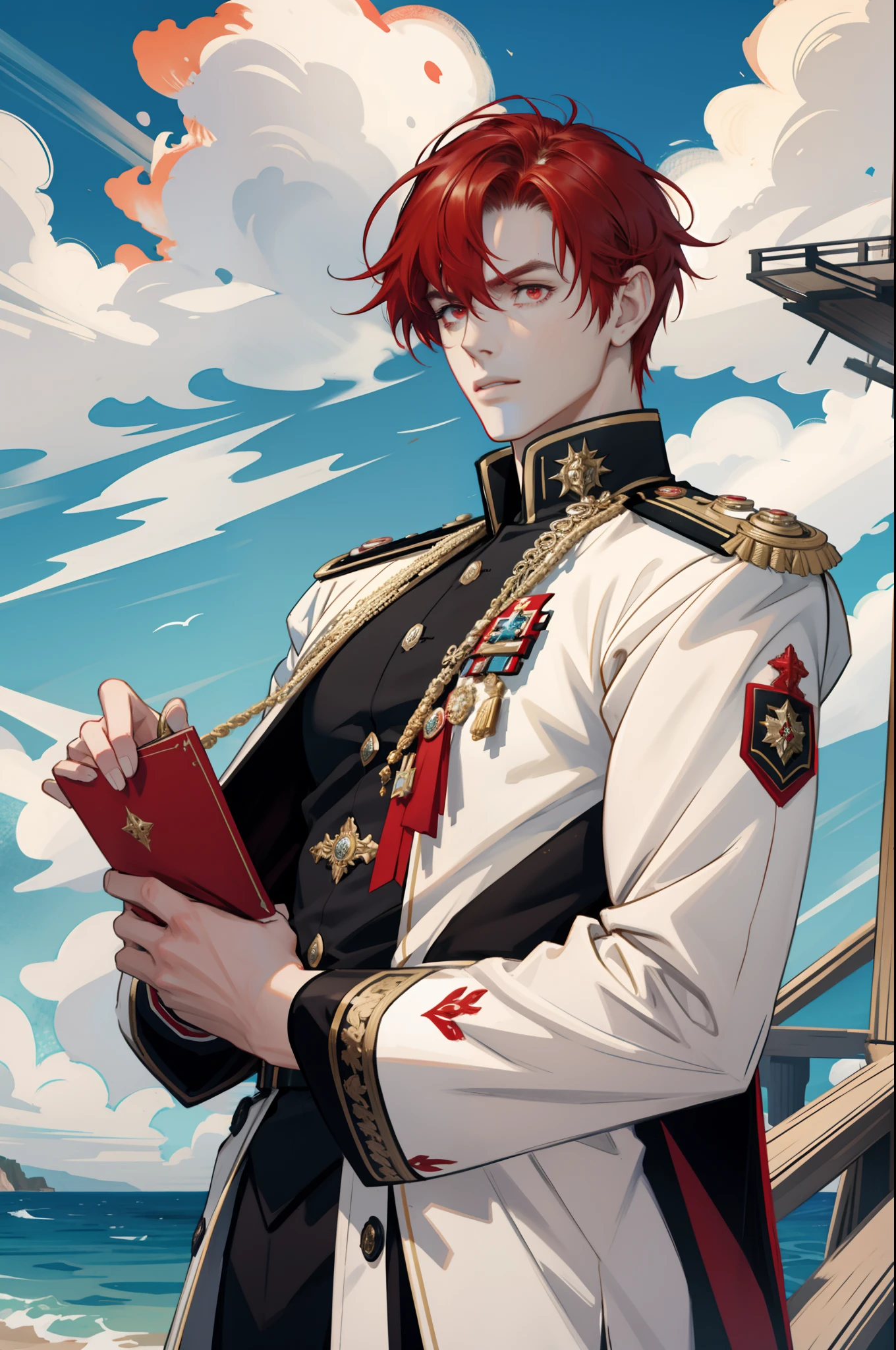 (masterpiece, best quality), 1 male, mature, aged up:1.4, tall muscular guy, broad shoulders, finely detailed eyes and detailed face, extremely detailed CG unity 8k wallpaper, intricate details, Fantasy, royal, nobleman, Admiral, short hair, red hair, red eyes, fleet commander, commander, white uniform, ocean, cloudy sky, wave