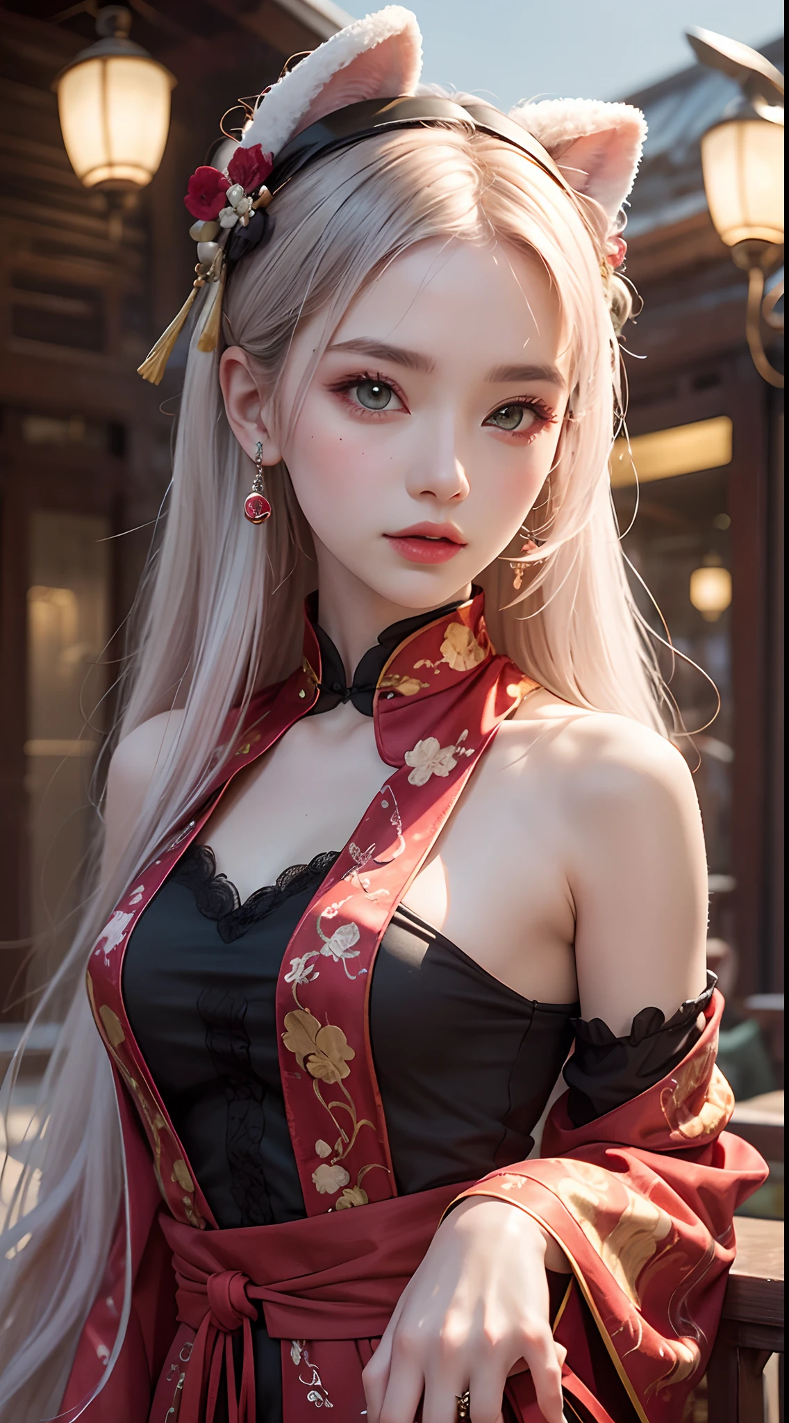 (A beautiful girl wearing a red traditional Chinese costume, seductively licking a lollipop, wearing headphones in a recording studio, posting cute poses on social media.) (This beautiful girl is , 18% Japanese, 26% French, 56% Ukrainian, 178 cm tall, small bust but stylish, with a beautifully balanced figure.) (Her hair is very long, pinkish gray, tied in twin tails with black ribbons, curling in a spiral towards the end.) (Her eyebrows are the same color as her hair, thin, slightly thick, short, and her eyelashes are long.) (Her big blue eyes reflect the light of the lighting and are amazingly beautiful like pearls.) (Her nose is high like an Englishman, her lips are plump and kissable, her skin is translucent white, and the proportions of her head and face are traditional Japanese.) Aesthetics. The number of fingers is also noteworthy, not too many or too few, and even the tips of her nails are very delicately expressed. (Single, Masterpiece, Ultra-detailed, Highest quality, Artistic composition, Ultra-accurate, Realistic, Photorealistic, High resolution, Dynamic lighting effects, Consider the proportions of the whole composition, Ultra-realistic). Try to highlight facial expressions and appearance. Try your best to meet all these criteria.