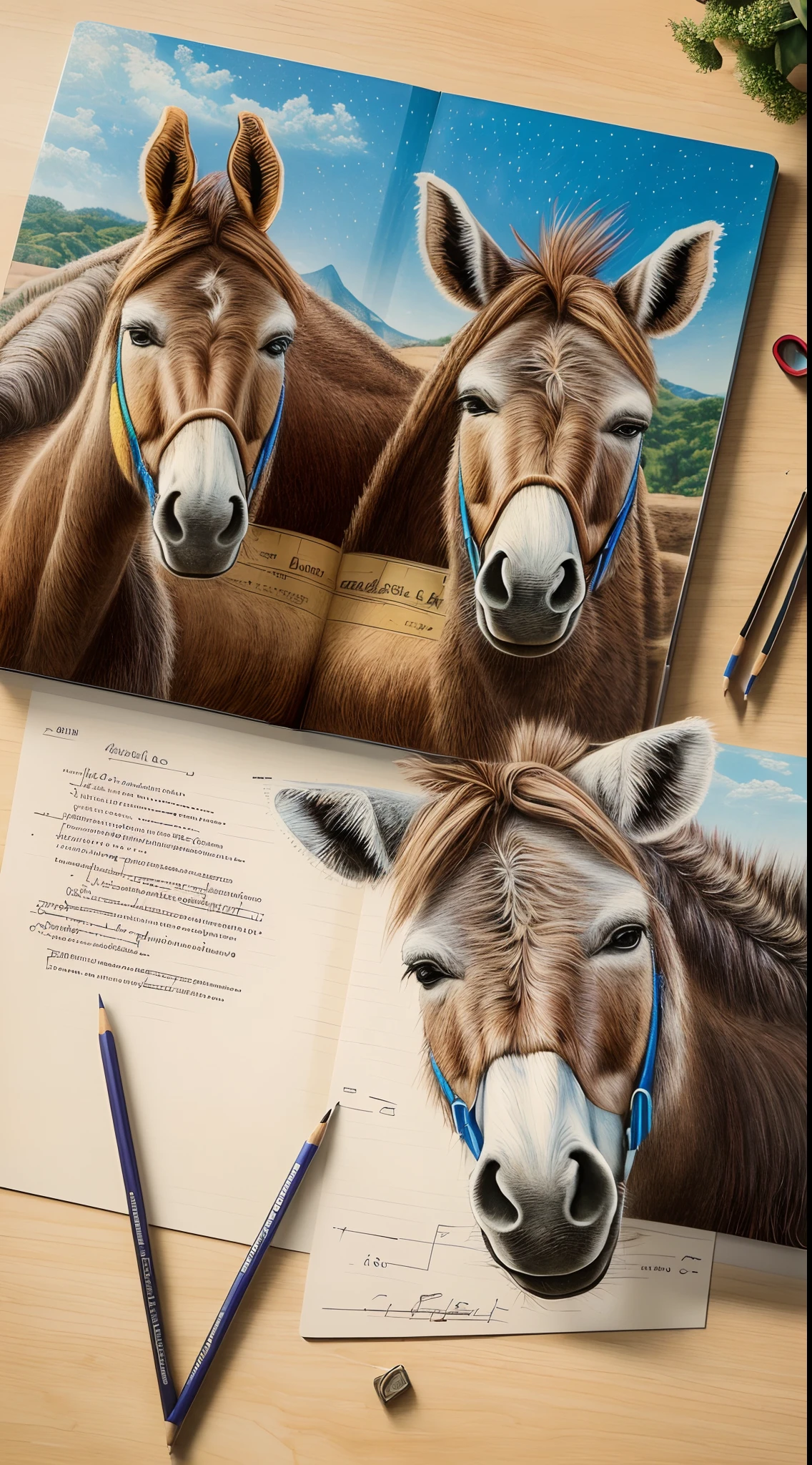 (best quality,4k,8k,highres,masterpiece:1.2),ultra-detailed,(realistic,photorealistic,photo-realistic:1.37),burros,livros,mathematical equations,pencil drawn on it,illustration,studio lighting,vibrant colors,bokeh