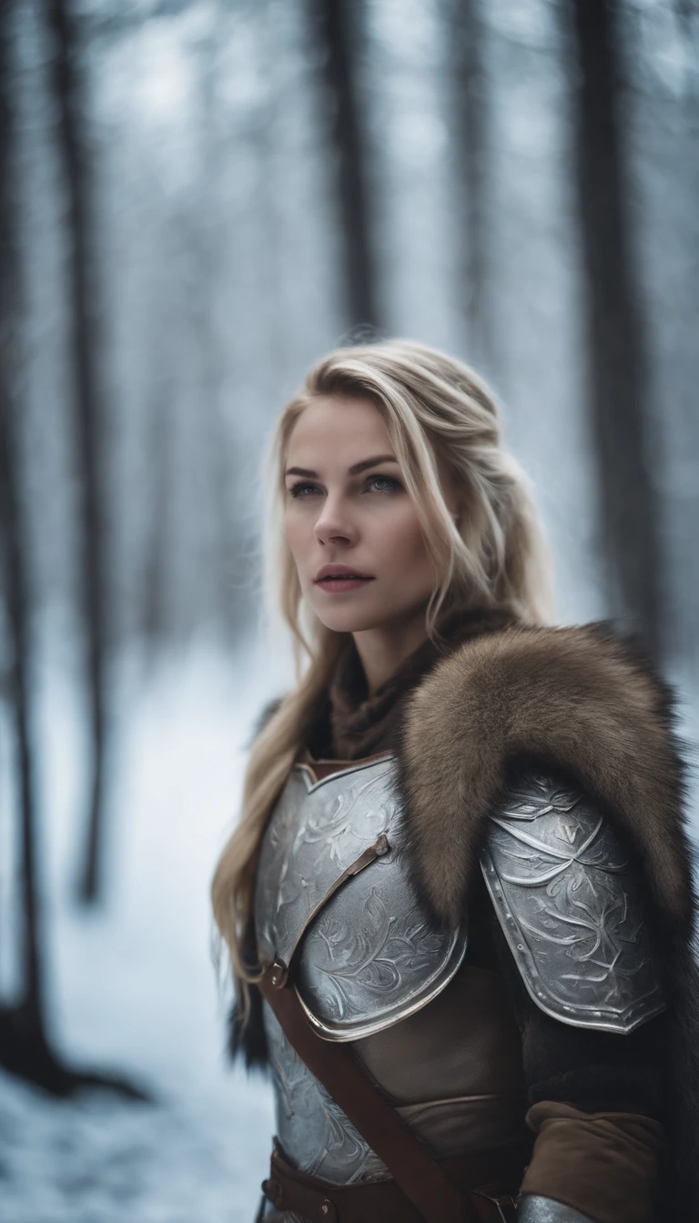 Blonde girl in armor in icy forest，Next to it is a large brown wolf in armor
