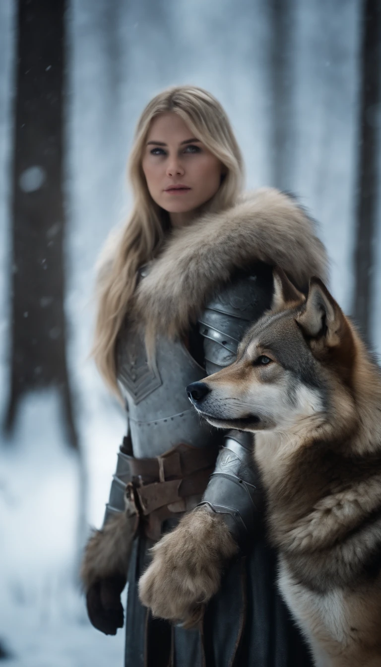 Blonde girl in armor in icy forest，Next to it is a large brown wolf in armor