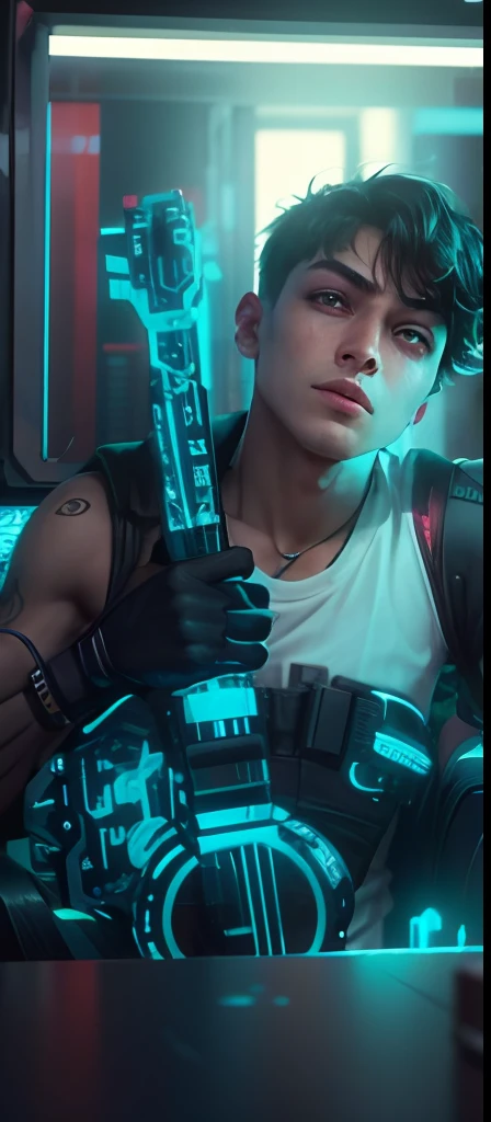 Change cyberpunk handsome young boy, realistic face, 8k, ultra realistic holding a gutter.