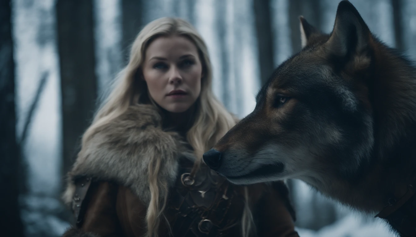 Blonde girl in armor in icy forest，Next to it is a large brown wolf in armor