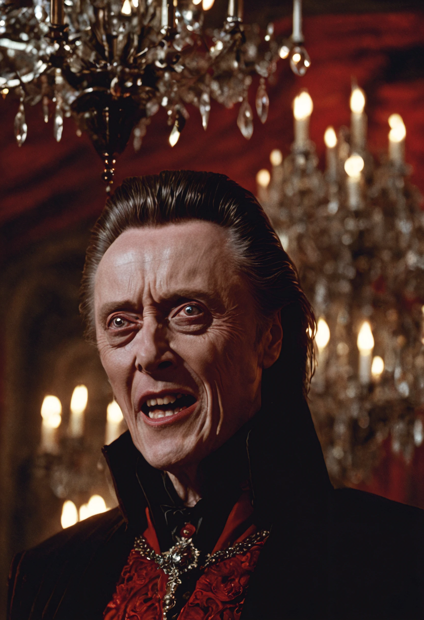 closeup cinematic still of (Christopher Walken) as dracula, creepy toothy grin with fangs bared, (1800s) inside creepy mansion, red, chandelier, standing glaring, perfect eyes, detailed face, foreboding, menacing, (bram stokers dracula movie), analog, high saturation