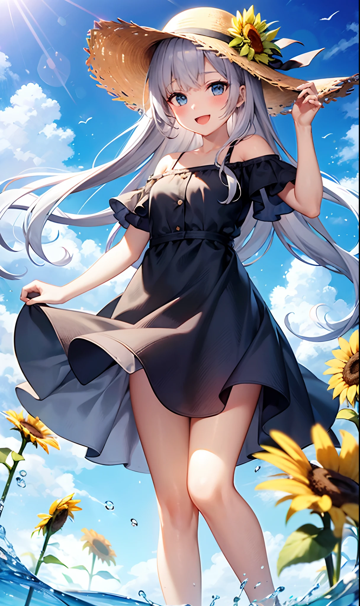 1girl, flower, sunflower, solo, outdoors, dress, hat, long hair, white dress, smile, blue eyes, straw hat, day, sky, open mouth, cloud, yellow flower, bag, looking at viewer, water drop, standing, bangs, :d, blue sky, frilled dress, frills, bare shoulders, feet out of frame, floating hair, blush, white hair, shoulder bag, hat flower, very long hair