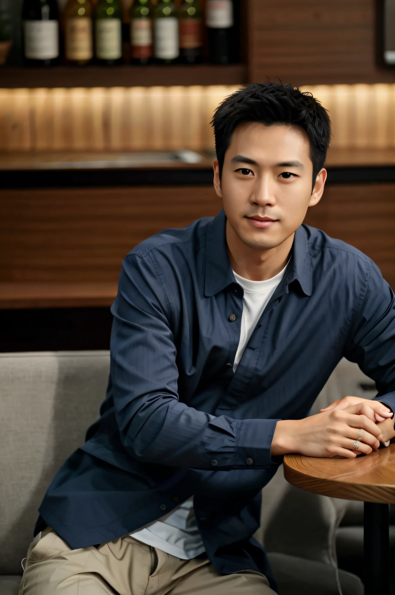 The Arafed man sat at the table,With a glass of wine, handsome chad chin, ji-min, steven jung, gregg araki, naoki ikushima, inspired by Ueda Fumito, inspired by Tadashi Nakayama, taken in the early 2020s, Yoshifumi Ujima, korean artist, Actor, Handsome man, GQ