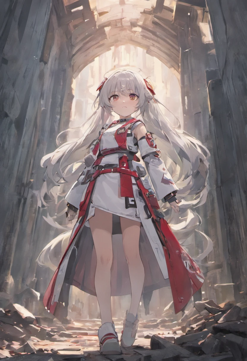(masterpiece:1.2), best quality , PIXIV, girl , long white hair , red eyes ,Wearing white and gray camouflage uniforms , Have a long knife in her hand ,She stands in the ruins ,The sky is dark, at modern,