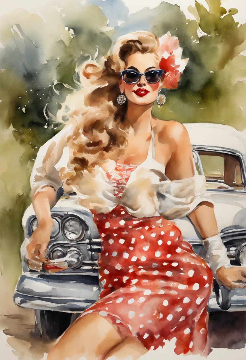 A watercolor pin-up painting of a stunning beautiful girl, auf der Motorhaube eines Opel-Oldtimers . aus den 1950er Jahren. ((女の子1人 , nur)), ((1 Personen)) langes, lockiges Haar und ein tailliertes rotes Kleid tragen ,with white polka dots on the dress, , Sonnenbrille auf dem Kopf. The overall mood of the image should be characterized by glamour, having fun, und Abenteuer. Meisterwerk Pin-up-Kunst von Girl Elvgren.