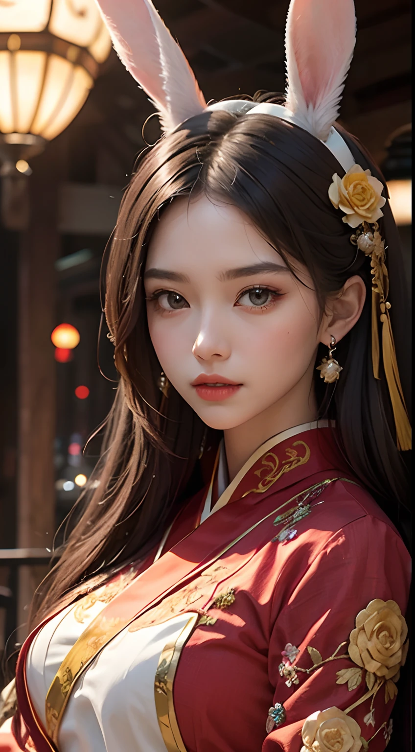 Transport yourself to a world of beauty and tradition with a girl in a hanfu costume. Her thin red silk shirt is adorned with intricate yellow motifs, while her black lace top adds a touch of grace. Her light pink rabbit ears add a playful element to her look, and her long hair is dyed a gorgeous pale purple platinum. Adorned with beautiful hair jewelry, her pretty face and perfect features are truly a sight to behold.