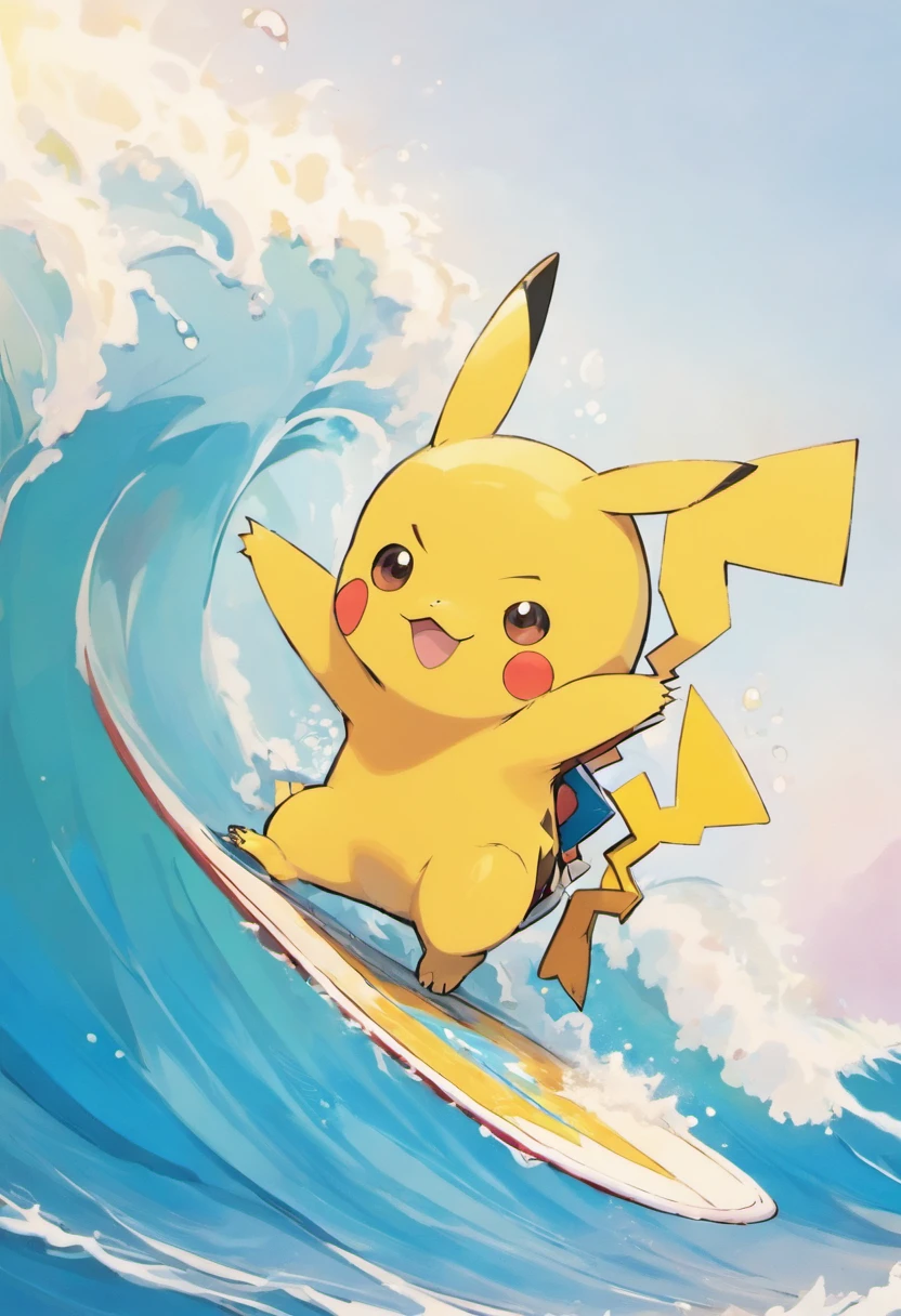 pikachu surfing a wave