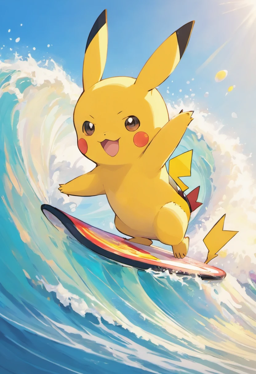 pikachu surfing a wave