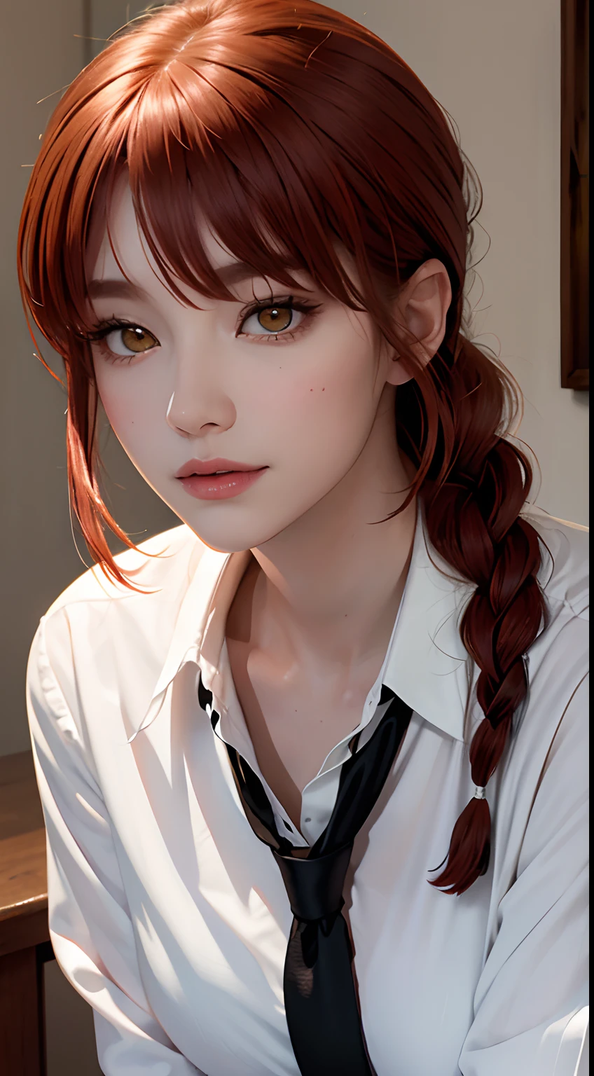 (masterpiece), gorgeous, a beautiful woman, coboy shot, makima \(chainsaw man\), (red haired), perfect anatomy, perfect face, expresive eyes, realistic, calm expression, soft expression, happy, smilling, sensual, white shirt, (yellow eyes), photorealistic, detailed hair, braid, bangs, perfect skin, soft skin, perfect lighting, semi-realistic, film grain,(close up), black tie, (young,perfect tie), delicate gentle, soft, femine, intimate
BREAK she is wearing a white shirt, she is beautiful, she is calm, is a photorealistic image,