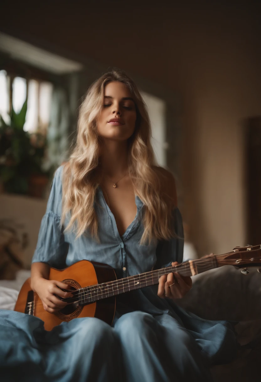 ((Masterpiece, Best quality)), 1fille, Adolescent, Fille de 18 ans (assis avec les jambes grandes ouvertes:1.2), blured background, Adolescent, crop top, (culotte blanche), assis sur le lit, ((Jouer de la guitare acoustique)), Blonde, chambre, Matin, Intricate details