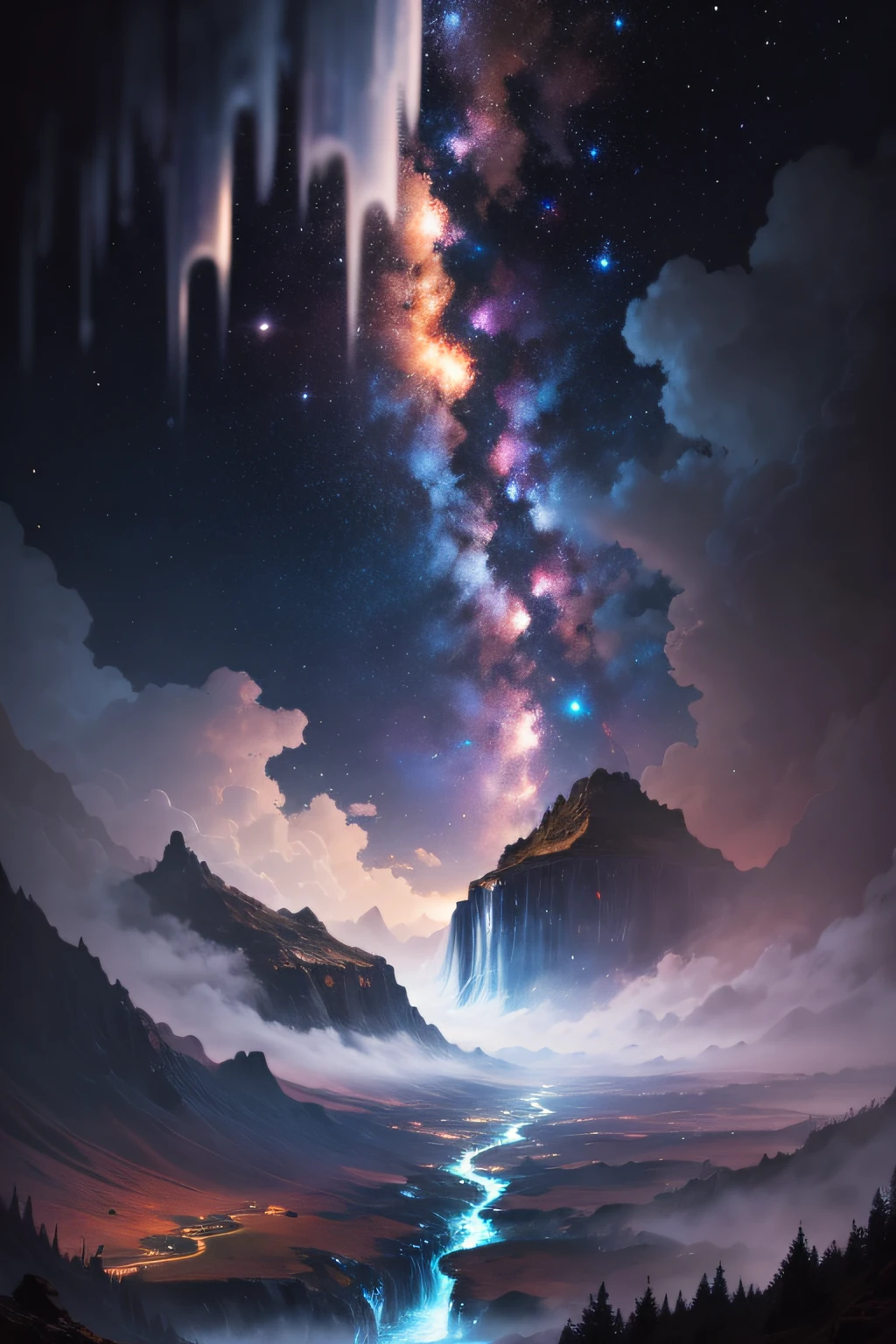 A magnificent waterfall where you can see the galaxy inside full of details and texture, galactic clouds