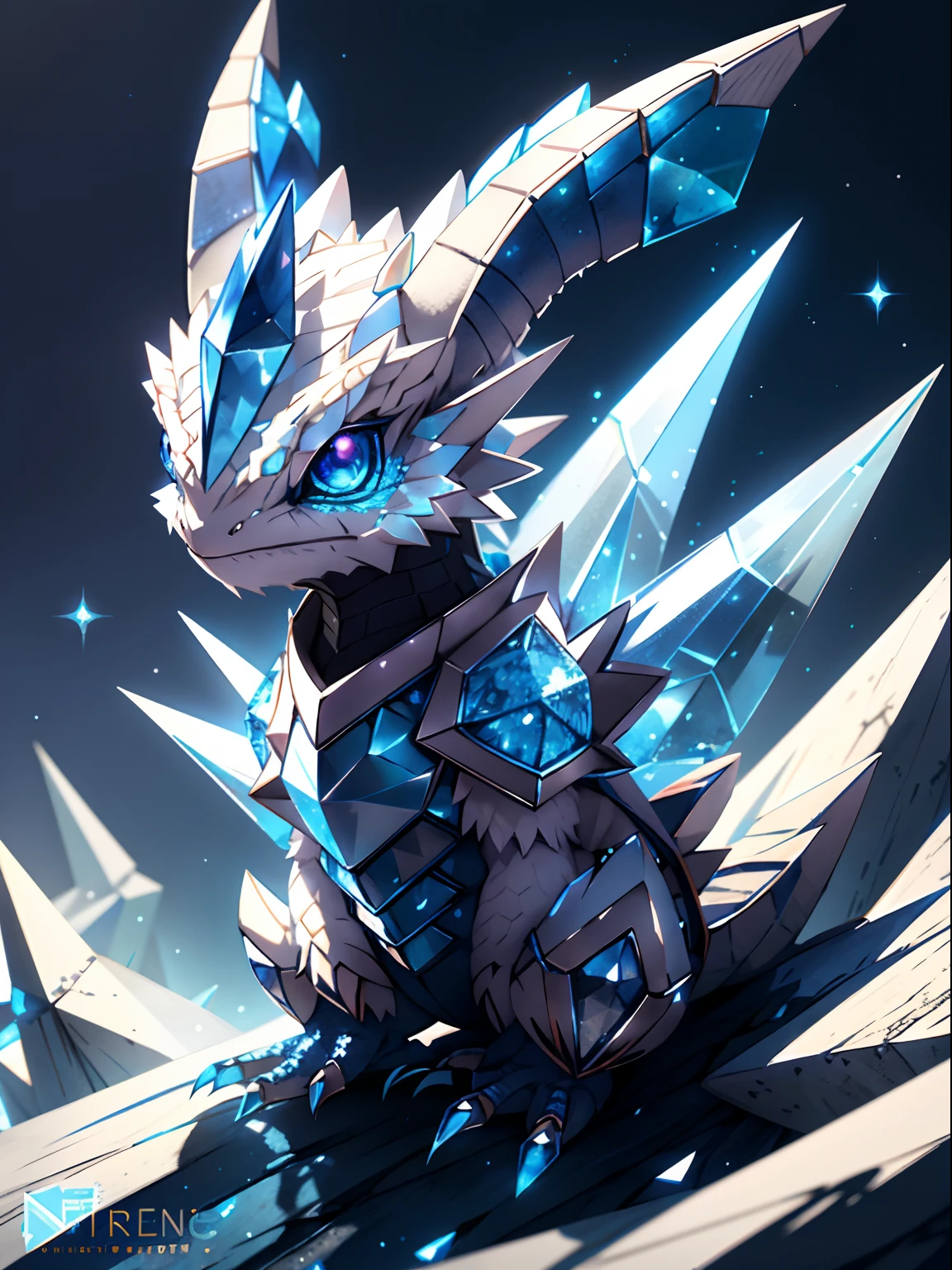 Cute Creature, chameleon dragon(white ), (horns), (small) Cristal spikes (blue), crystallineai_armor,(masterpiece), fantasy ,(illustration) , (ultra-hd), beautiful artwork , glittering effect