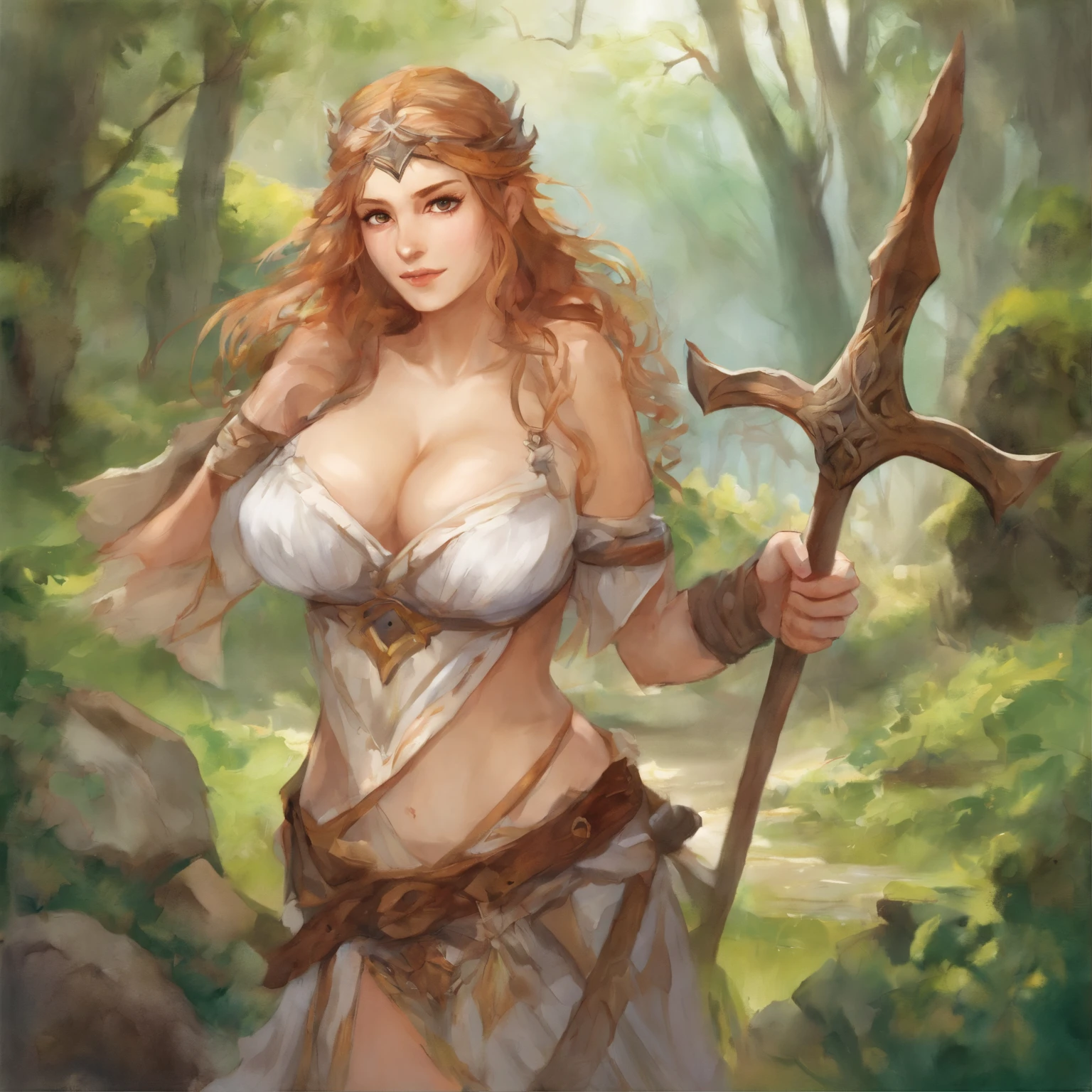 Illustration of ((very busty gigantic breasts)), huge breasts, scantly clad female knight,  long flowing white hair, mature woman, milf, wearing black leather body straps harness tightening up. Micro thong, masterpiece, sketch, soft watercolour painting, ancient ruins, moss, nature, shallow water, looking at viewer teasing you with her breasts, anime, detailed face, detailed eyes