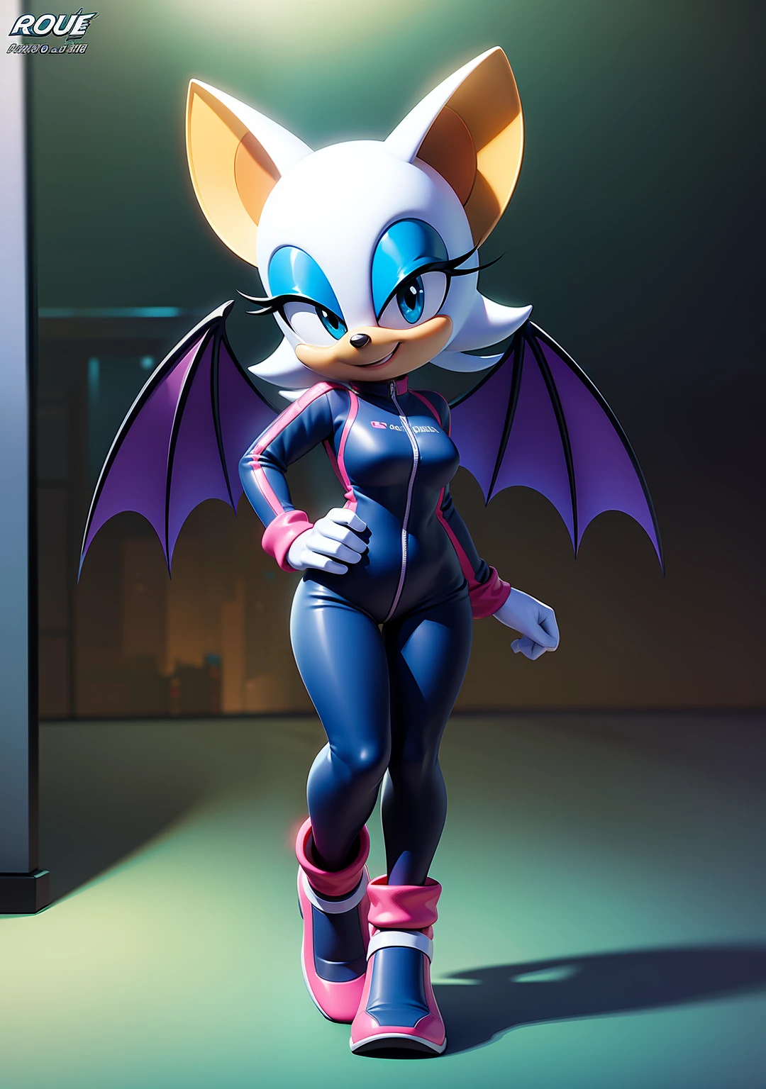 ((masterpiece)), ((8k quality)), (no watermark), Rouge the Bat, female, smiling, detailed nightclub background, standing, one hand on hip, other hand at side, (solo:1.4), full body racing suit