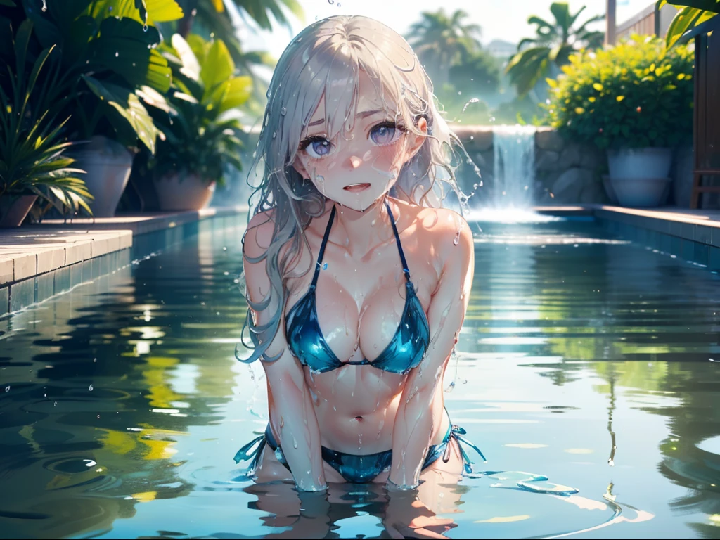 1 beauty, Light Purple Eyeshadow,platinum-blonde-hair, (Reflection from the surface of the water:1.4),Watery Big Eyes,Beautiful constriction,Toothless smile,long eyelasher,Blushlush, in poolside, Wet whole body, ((Platinum Color Bikini Swimsuit)),(wet and disheveled hair:1.4),bustshot,Dynamic Angle Zoom, hand between legs:1.2, Perfect fingers, Large jets of water emanating from the front,(Fine splash to the face:1.6), Splashes shine:1.6, fine splashes on the body,stick out your ears,High-speed camera、facefocus