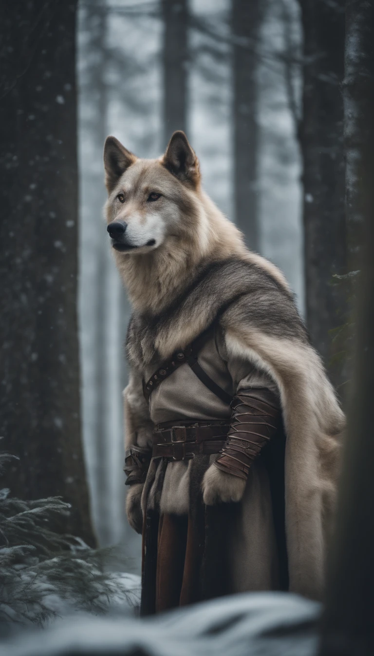 Blonde girl in armor in icy forest,Next to it is a large brown wolf in armor