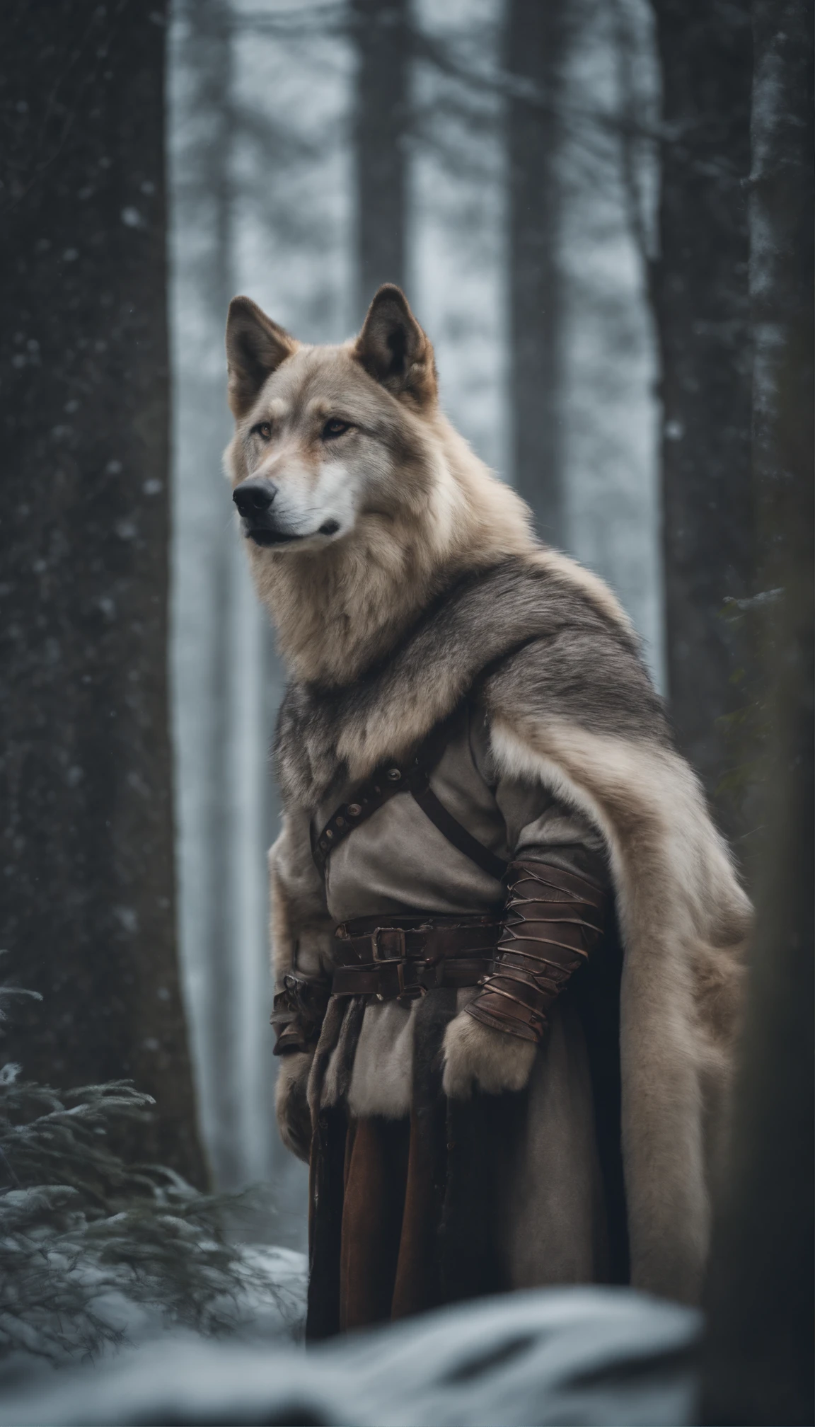 Blonde girl in armor in icy forest,Next to it is a large brown wolf in armor
