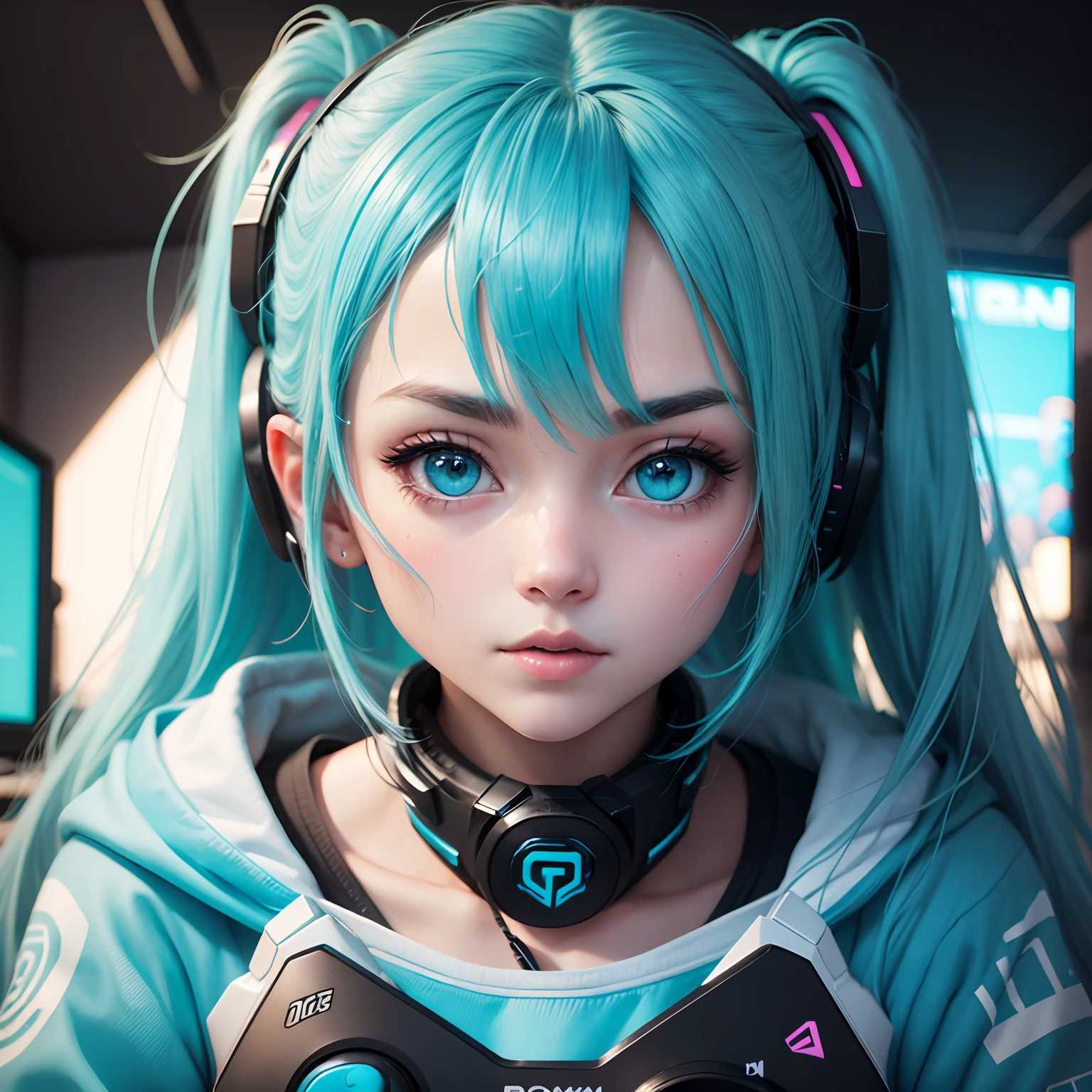 Close up, one, gamer girl, cute, cyan