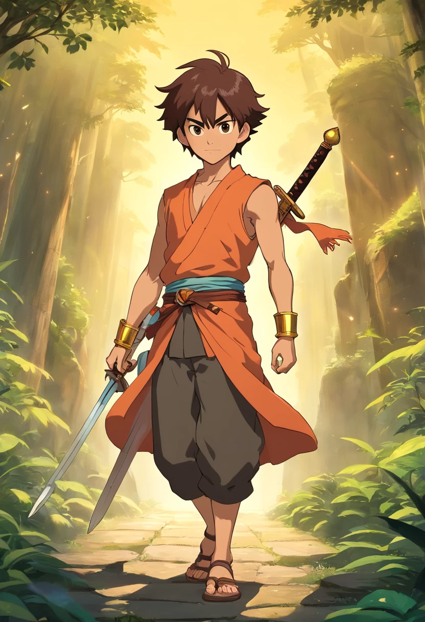 create full body Javanese hero character, 12 year old male, 121 cm tall, muscular body, funny but dignified face, brown skin, bare chested without clothes, black trousers, Gold necklace with royal nuances and Javanese carvings, Javanese carved gold bracelet accessories, no leg armor accessories covering knees, gold belt, sandals, with a long sword.