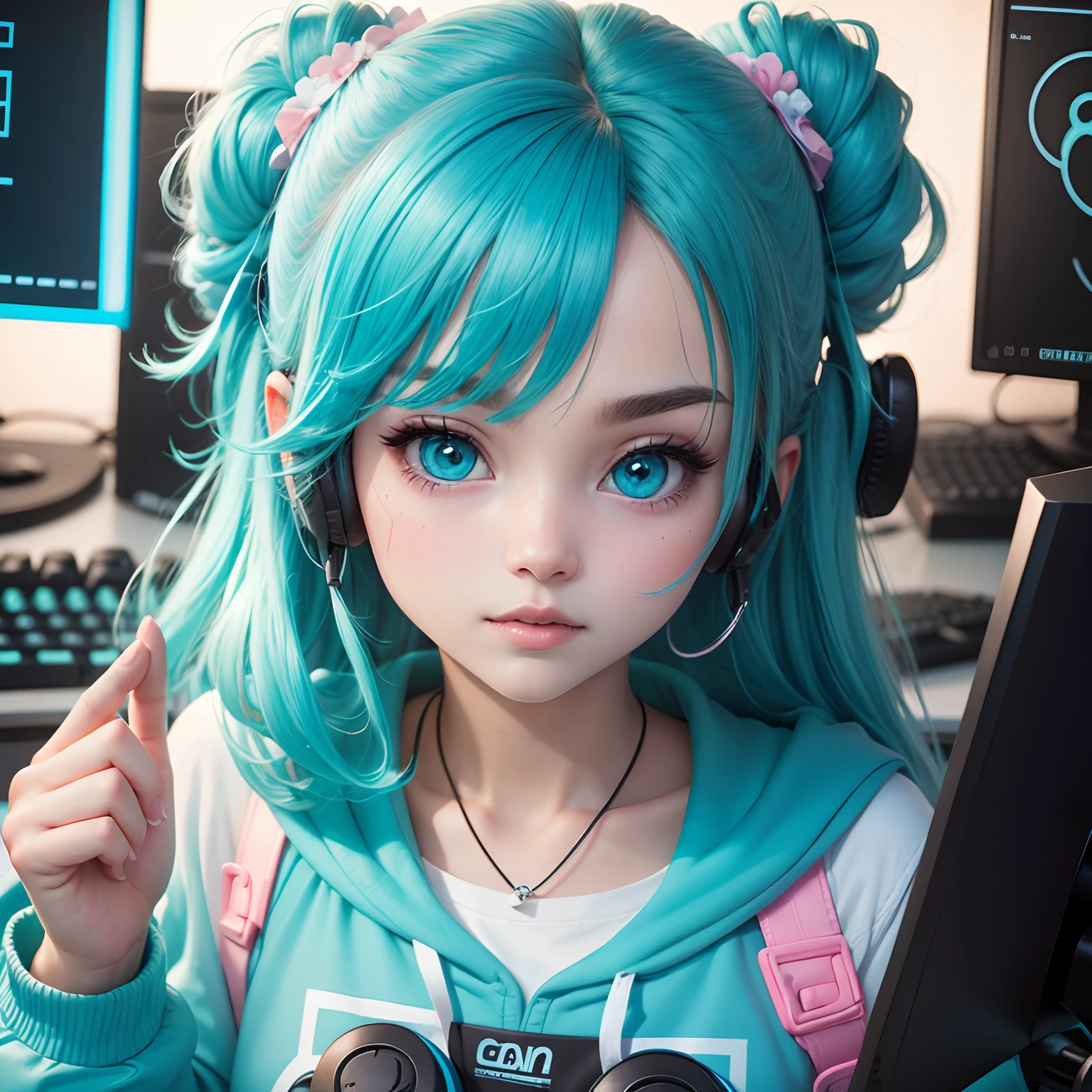 Close up, one, gamer girl, cute, cyan