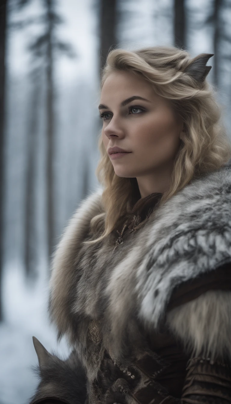 Blonde girl in armor in icy forest，Next to it is a large brown wolf in armor