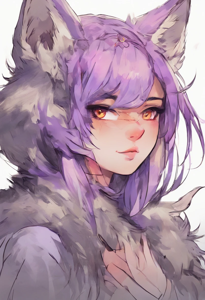 Anime tattoo sketch of a girl with wolf ears and fangs with purple hair, golden eyes, cat's drooping ears to the side, Crosses in the eyes,
