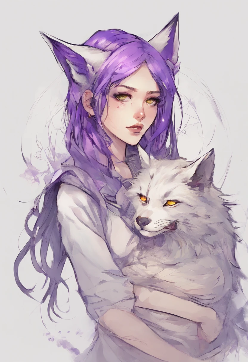 Anime tattoo sketch of a girl with wolf ears and fangs with purple hair, golden eyes, cat's drooping ears to the side, Crosses in the eyes,