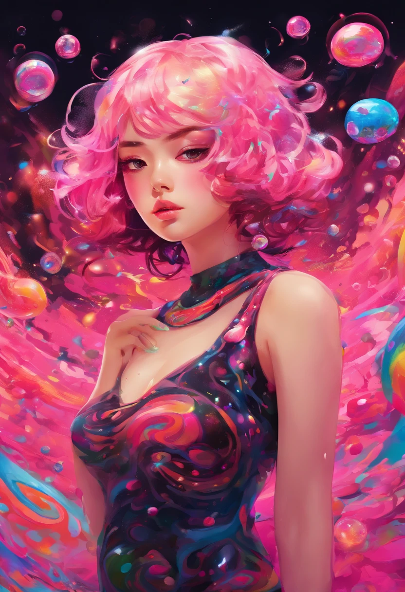 ((top-quality, 8K)), (Realistic), (Face Focus: 1.1), (Black and pink: 1.3), Kawaii Girl, short-hair,
Hair fluttering in the wind, Facing to the side, Look up at your face, Eyes closed, (Sleeveless: 1.1)、Skirt, D Cup Breasts, Countless soap bubbles、