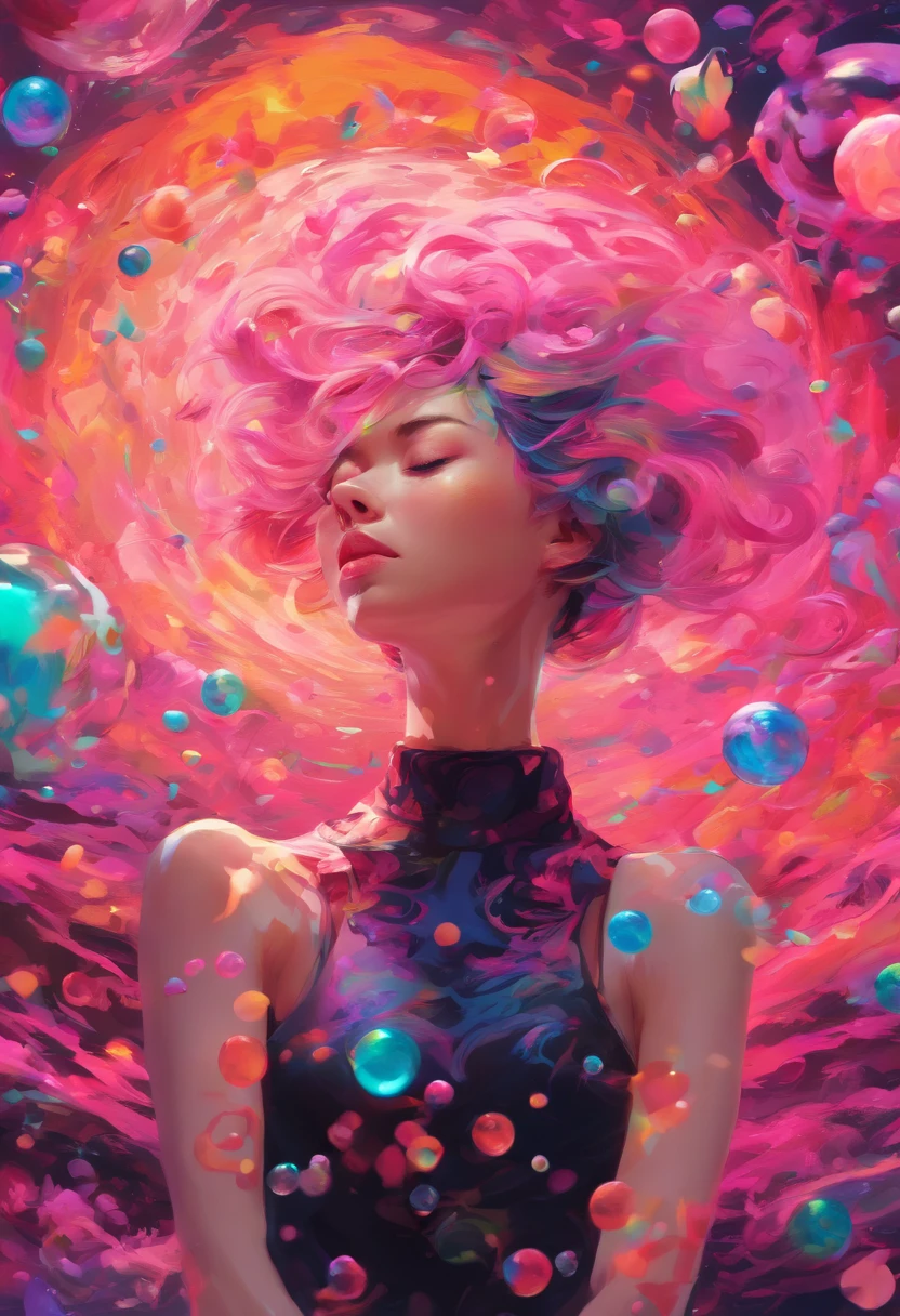 ((top-quality, 8K)), (Realistic), (Face Focus: 1.1), (Black and pink: 1.3), Kawaii Girl, short-hair,
Hair fluttering in the wind, Facing to the side, Look up at your face, Eyes closed, (Sleeveless: 1.1)、Skirt, D Cup Breasts, Countless soap bubbles、