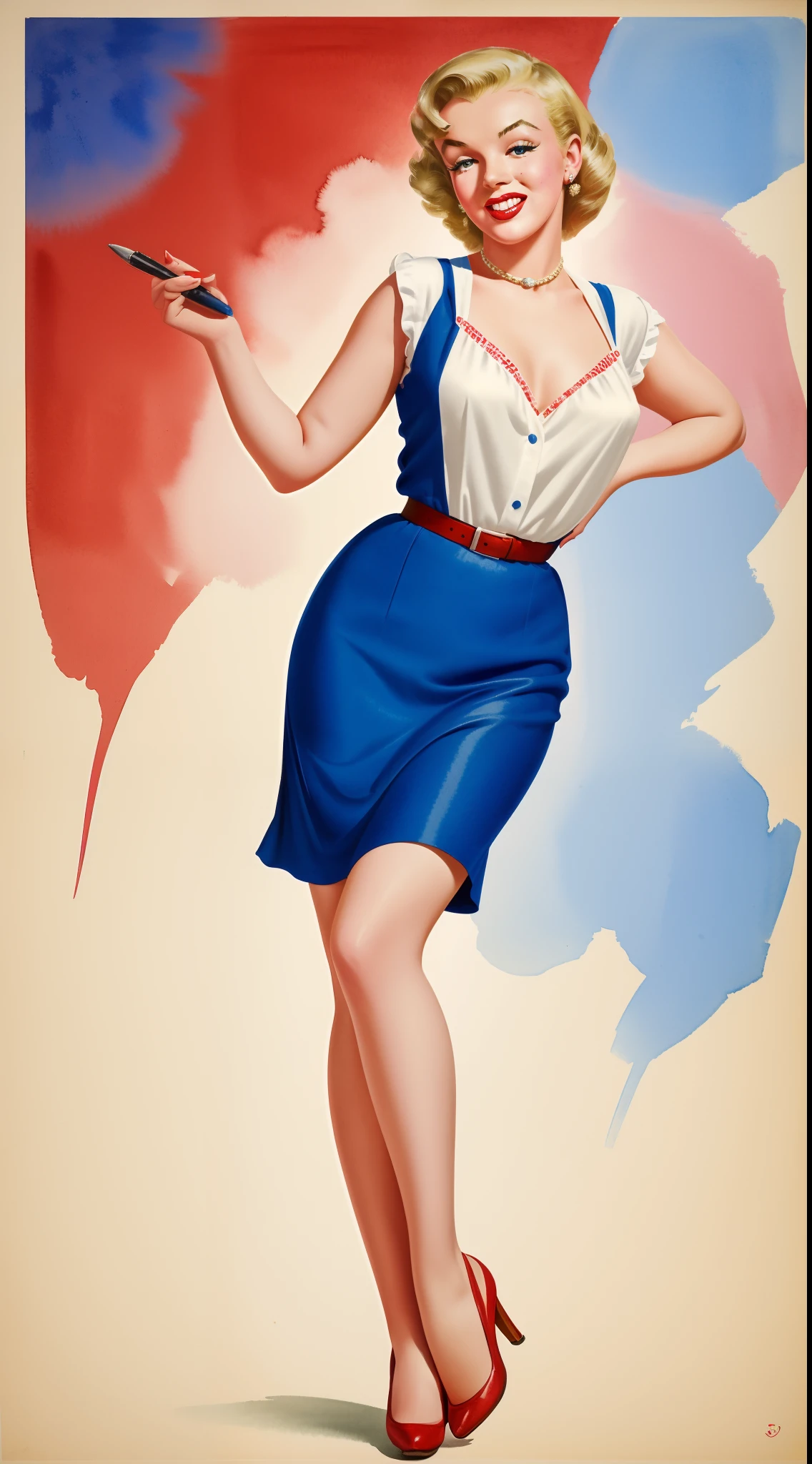 1950s Watercolor, Pen and Ink, 25 yo Marilyn Monroe in retro fashion, pin-up style, full body shot, depiction of rural life, light gray and light brown and red and white and blue, in the style of classical Americana, mottled, playful innocence, dotted, cutout from white background, in the style of Andrew Loomis, masterpiece art work,