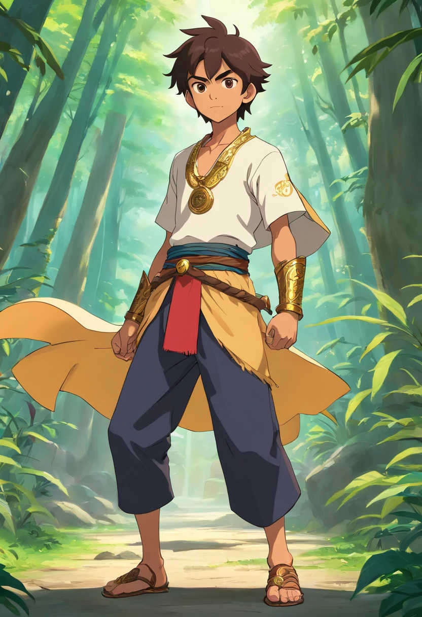 create full body Javanese hero character, 12 year old male, 121 cm tall, muscular body, funny but dignified face, brown skin, bare chest  showing, black trousers, Gold necklace with royal nuances and Javanese carvings, Javanese carved gold bracelet accessories, no leg armor accessories covering knees, gold belt, sandals, with a long sword.